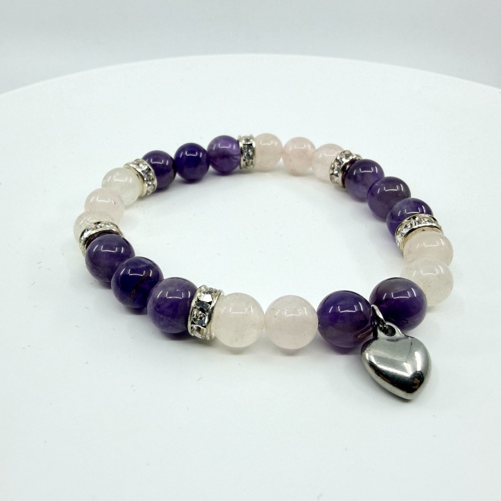 VTG Beaded Amethyst Rose Quartz Stretch Bracelet Silver Heart Pink Purple